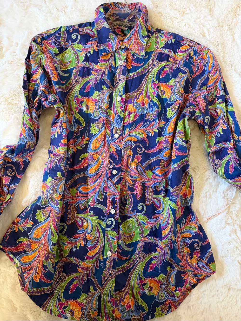 Ralph Lauren Navy Paisley Button-Down Shirt with Green & Pink Accents